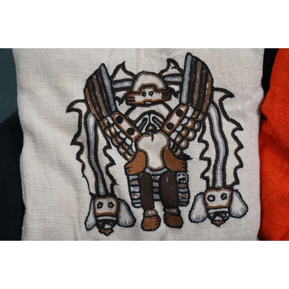 (2) Hand Embroidered Peruvian Folk Art Pillows Mayan Aztec Incan Warrior Vintage